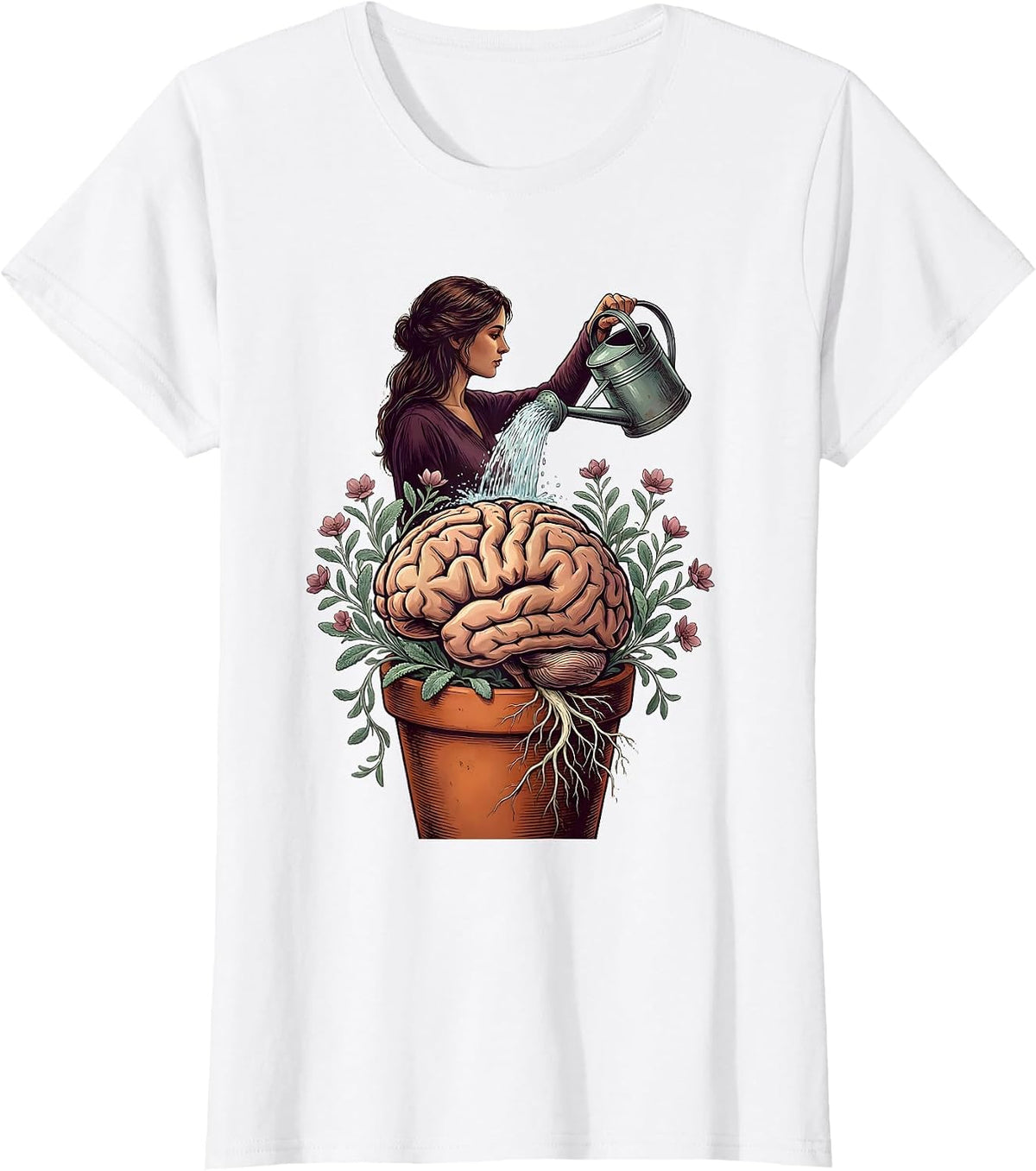 Women's Grow Your Mind Brain Watering Plant Illustration T-Shirt - White