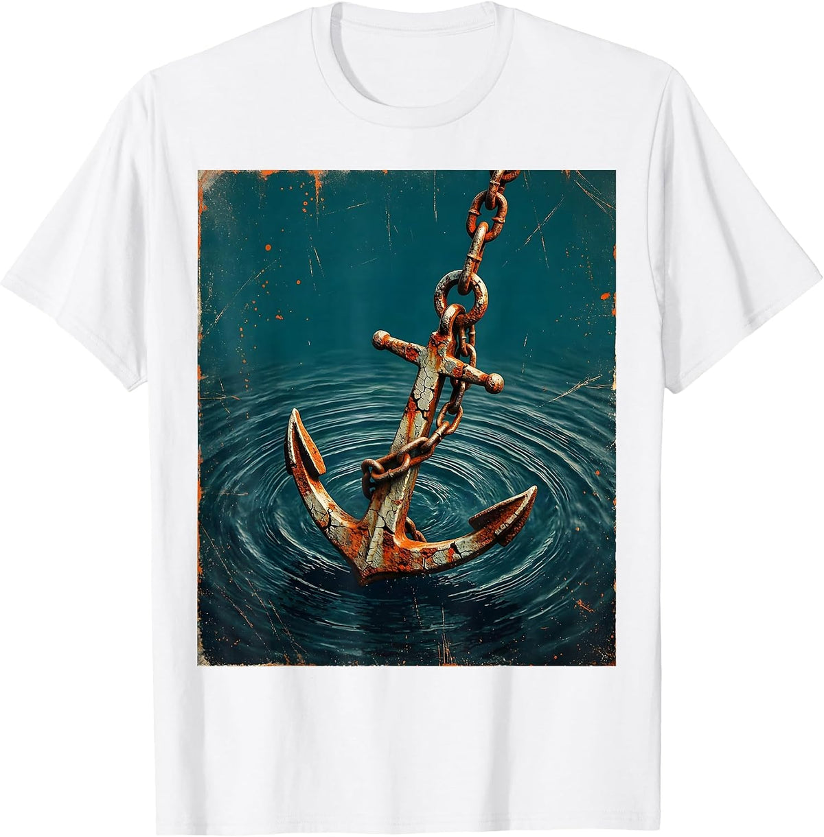 Men's Rowboat Anchor Ocean Depths Fishing Illustration T-Shirt - White