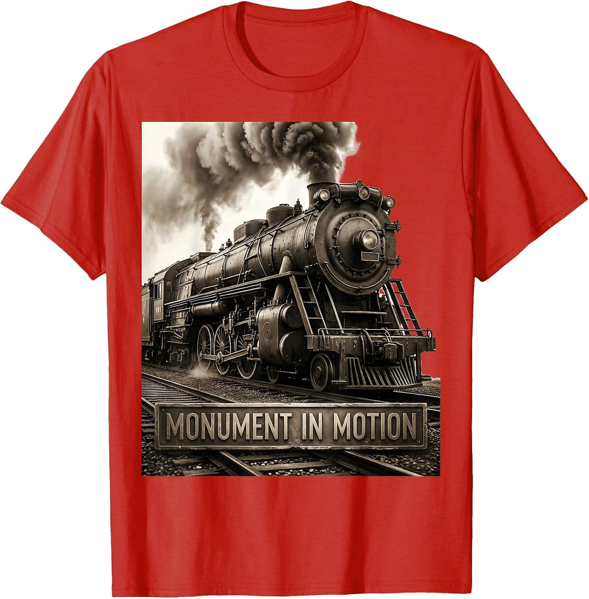 Men's Monument In Motion Monochromatic Steam Locomotive Railroad T-Shirt - Red