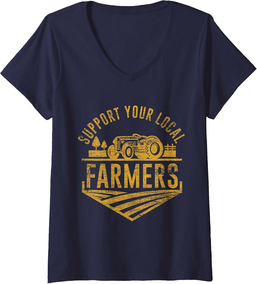 Women's Support Your Local Farmers V-Neck T-Shirt - Navy Blue