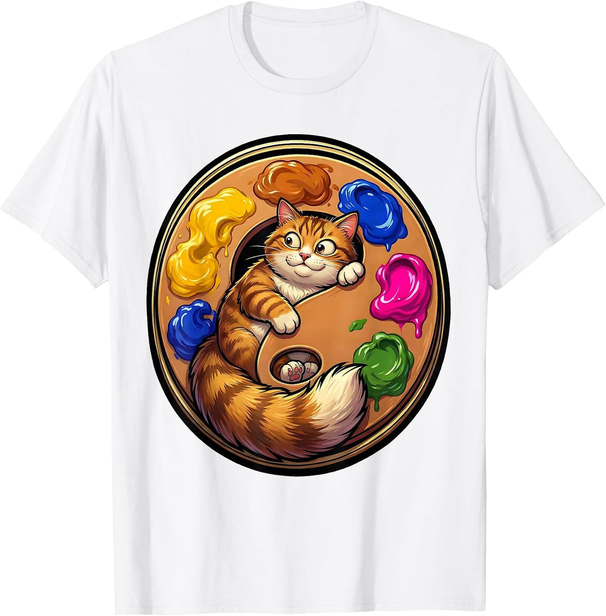 Men's Art Teacher Cat in Giant Paint Palette Design T-Shirt - White