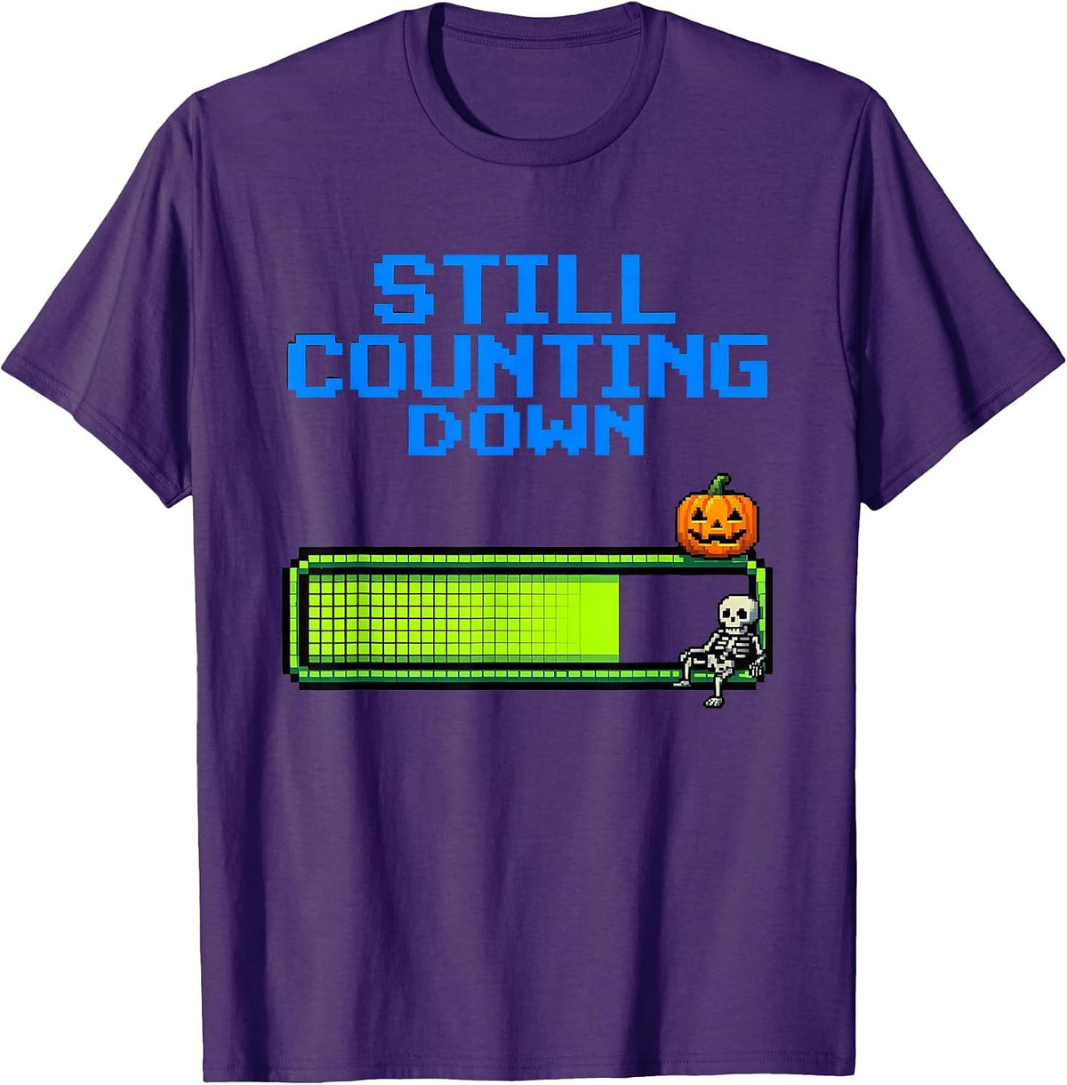 Men's Still Counting Down Pixel Art Summerween Skeleton Beach T-Shirt - Purple