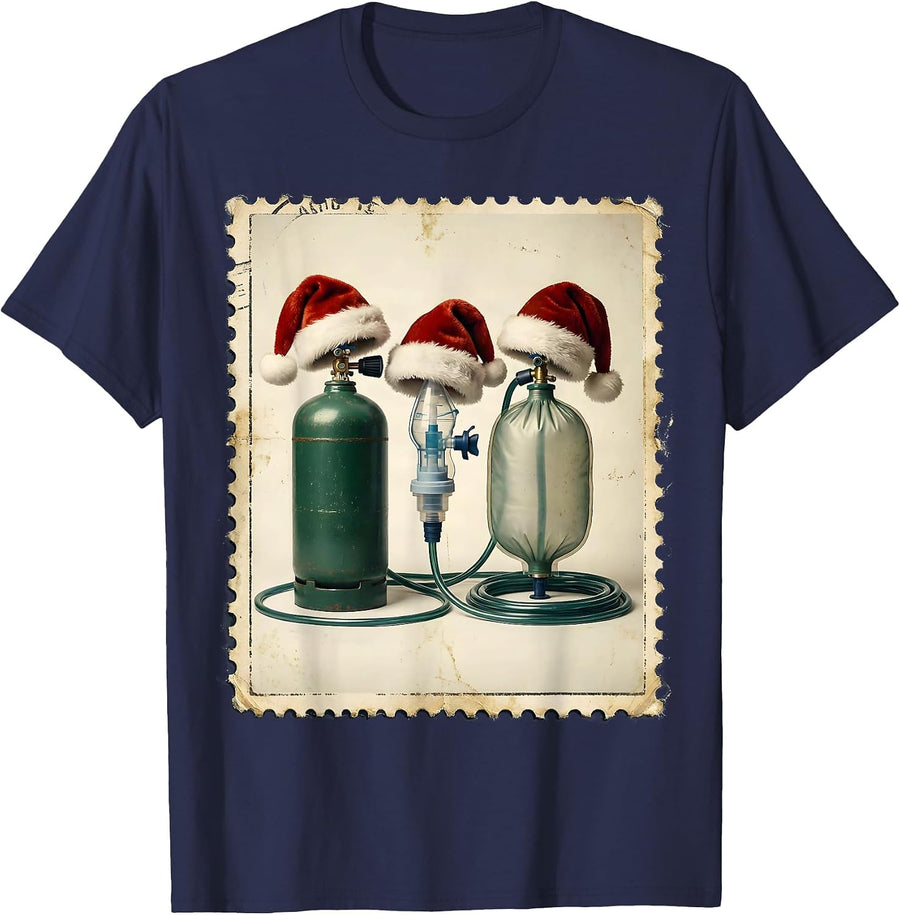 Respiratory Therapist Vintage Christmas Oxygen Tank Humor T-Shirt - Navy Blue