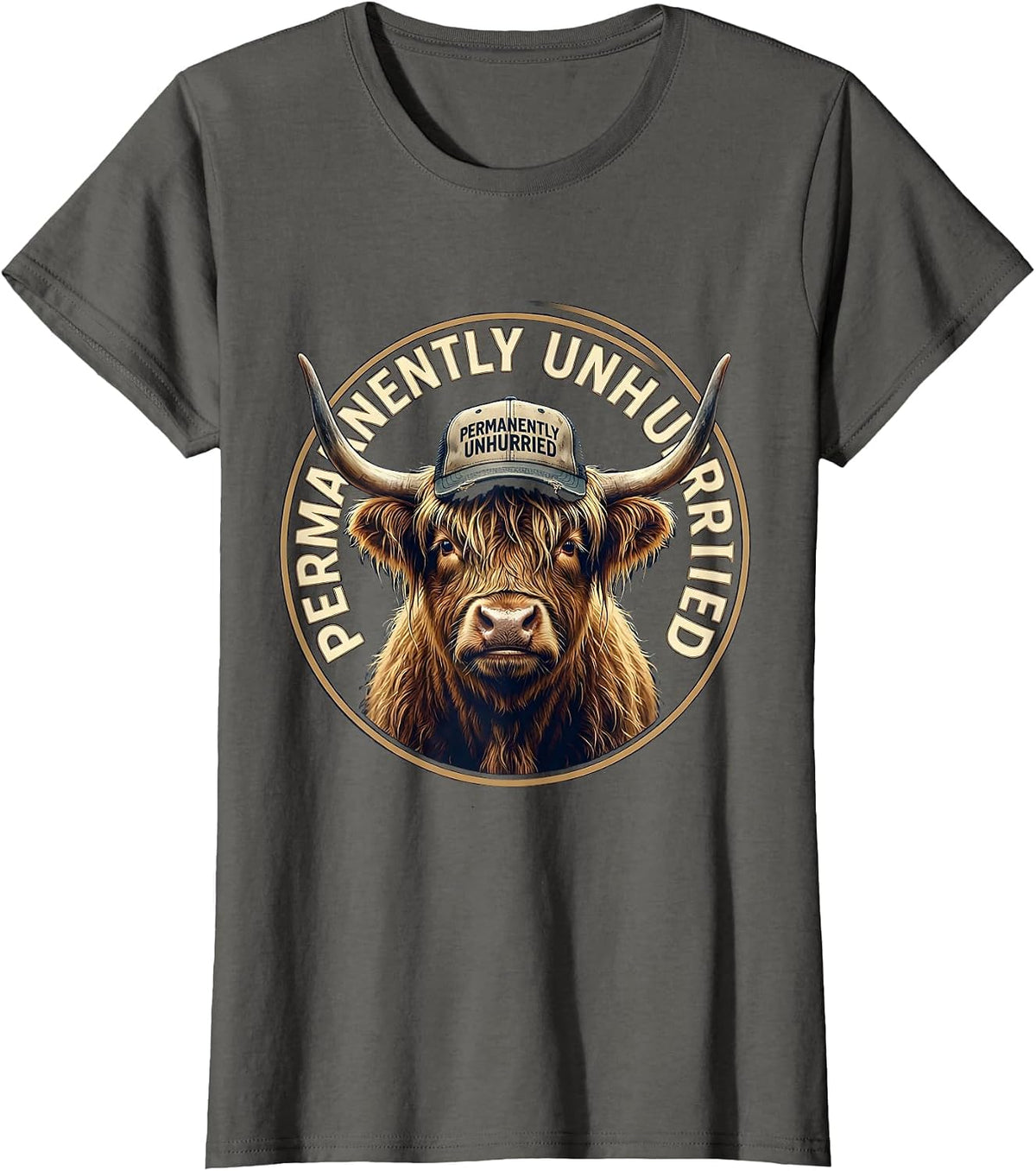 Women's Permanently Unhurried Highland Cow Humor Farm Life T-Shirt - Asphalt Grey