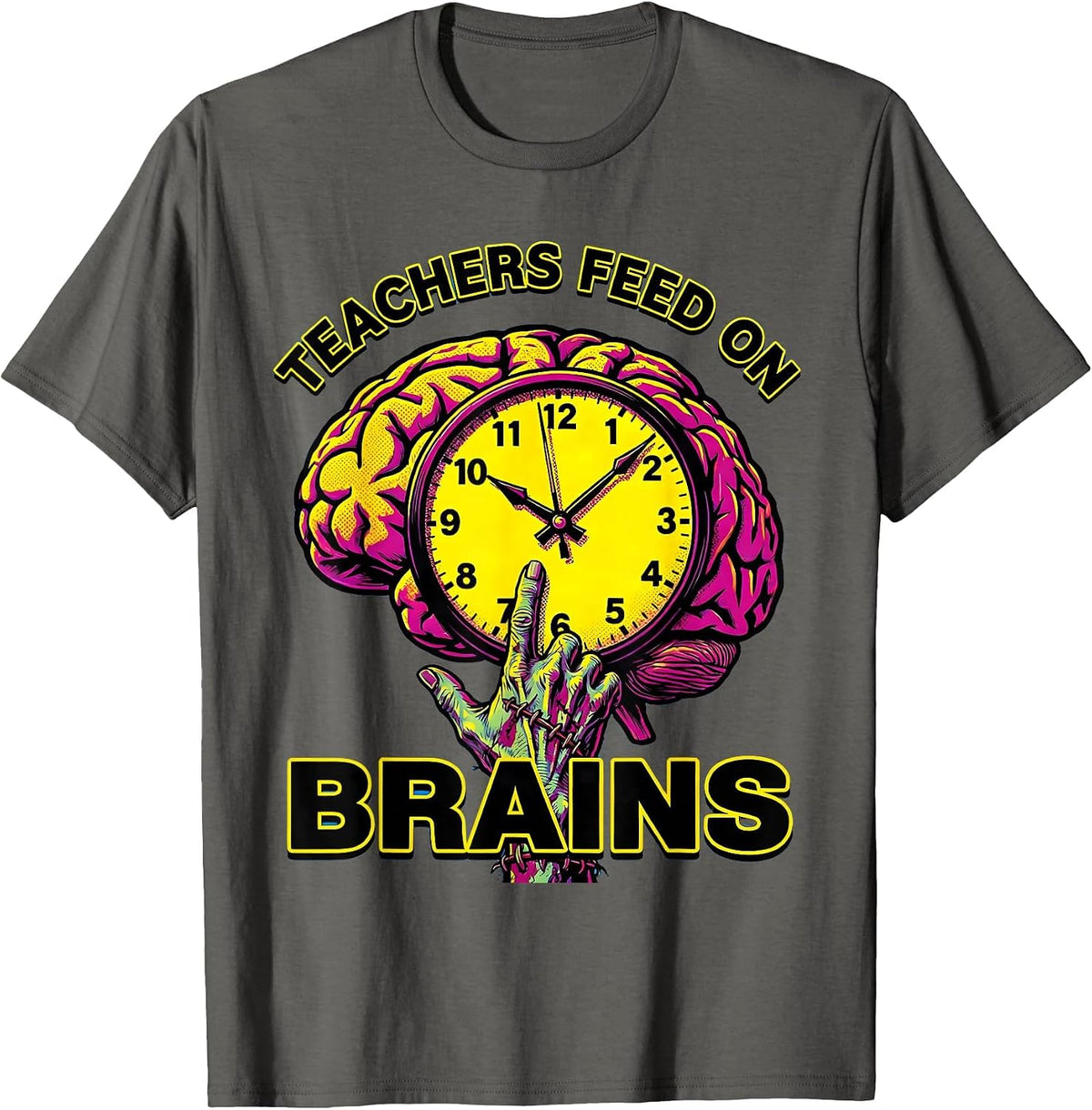 Men's Teachers Feed On Brains Pop Art Funny Halloween Teacher T-Shirt - Asphalt Grey