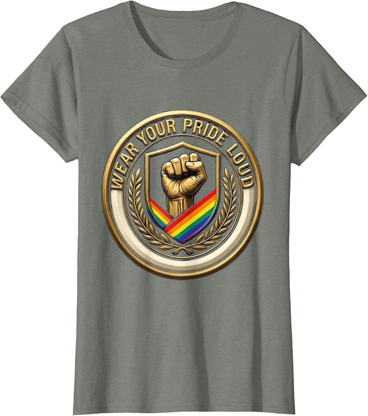 Wear Your Pride Loud Pride Flag Design T-Shirt - Olive Heather