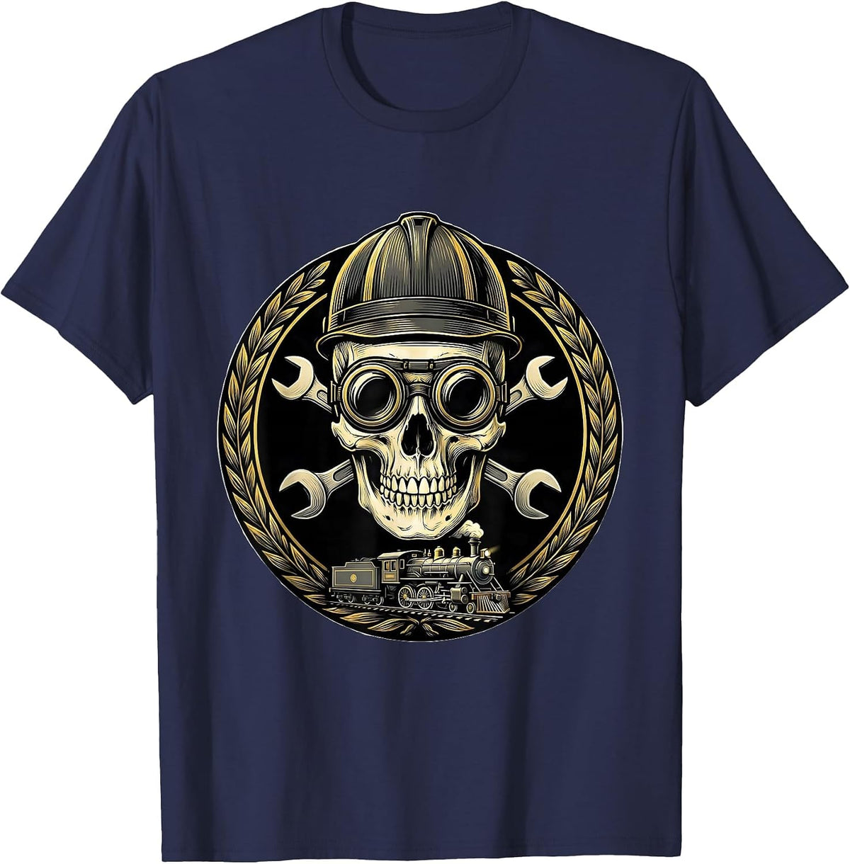 Men's Skull Engineer Cap and Goggles Graphic Tee T-Shirt - Navy Blue