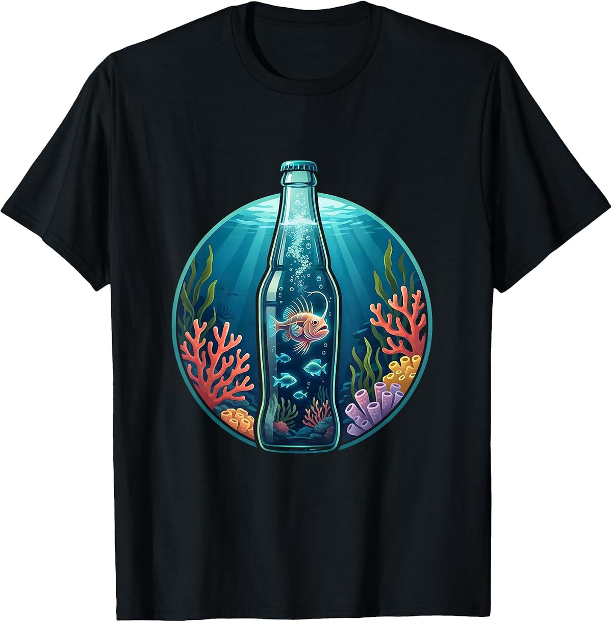 Men's Deep Sea Fish in a Soda Bottle Graphic Tee T-Shirt - Black