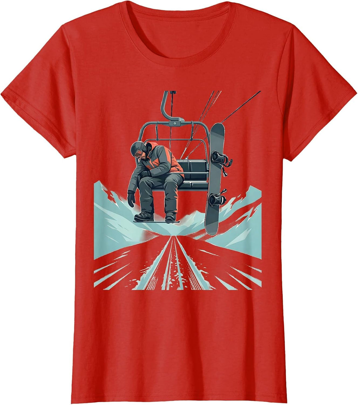 Sleeping Snowboarder Chairlift Slumped Humor Gift T-Shirt - Red