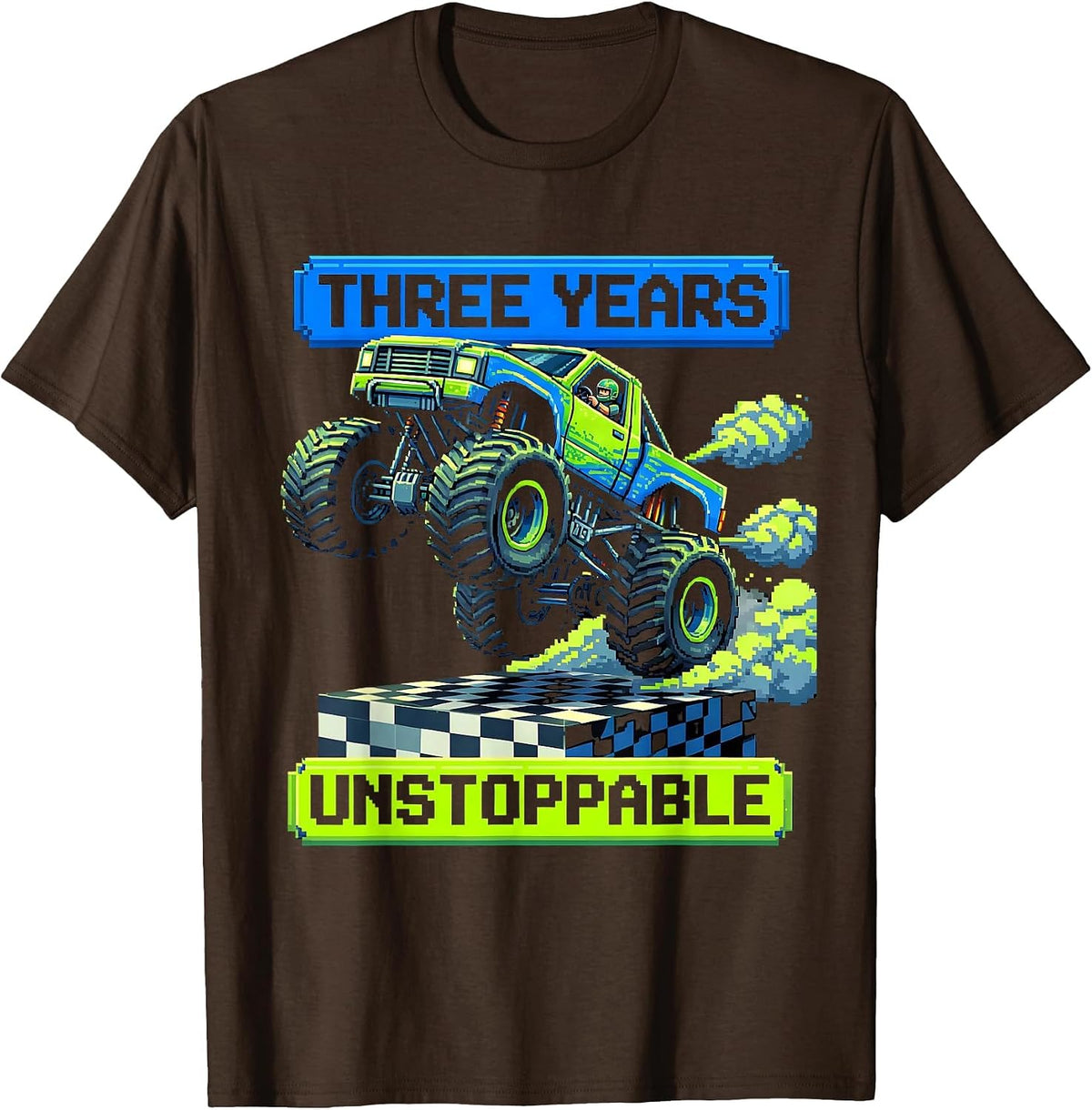 Three Years Unstoppable Pixel Art Monster Truck 3rd Birthday T-Shirt - Brown