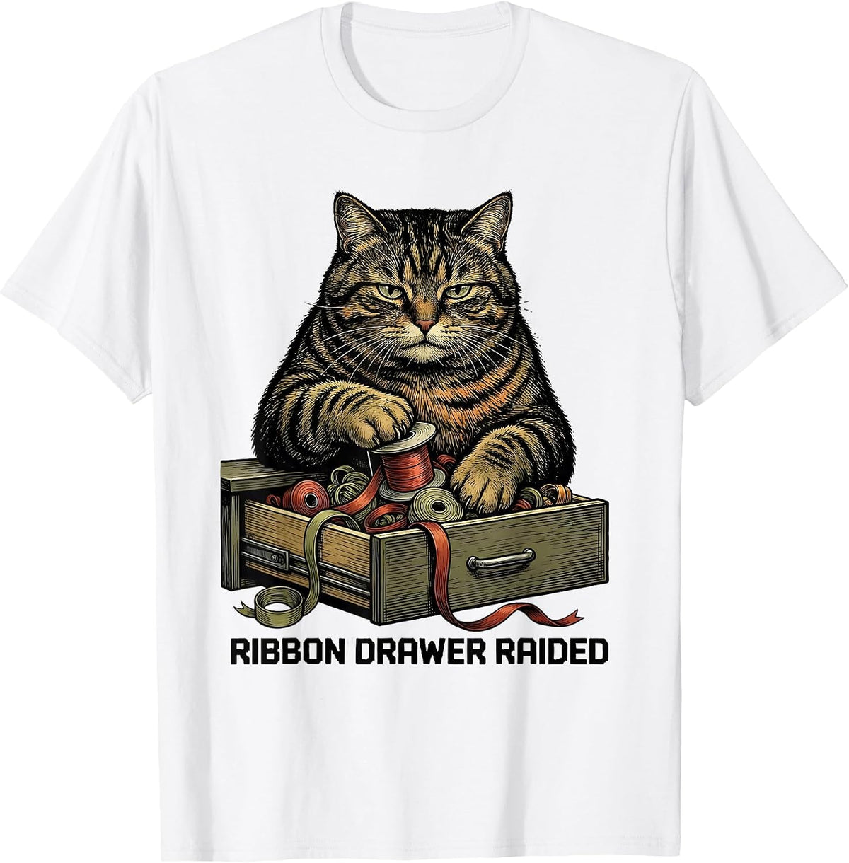 Men's Ribbon Drawer Raided Funny Cat Lover Grumpy Christmas Humor T-Shirt - White