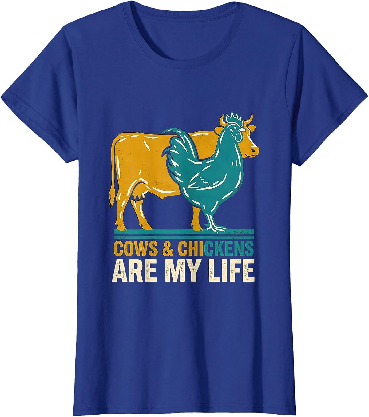 Women's Cows & Chickens Are My Life Midcentury Modern Farm Animal T-Shirt - Royal Blue