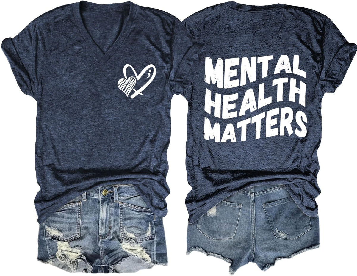 Mental Health Matters Shirt Women Inspirational Graphic V Neck Tee - Navy Blue