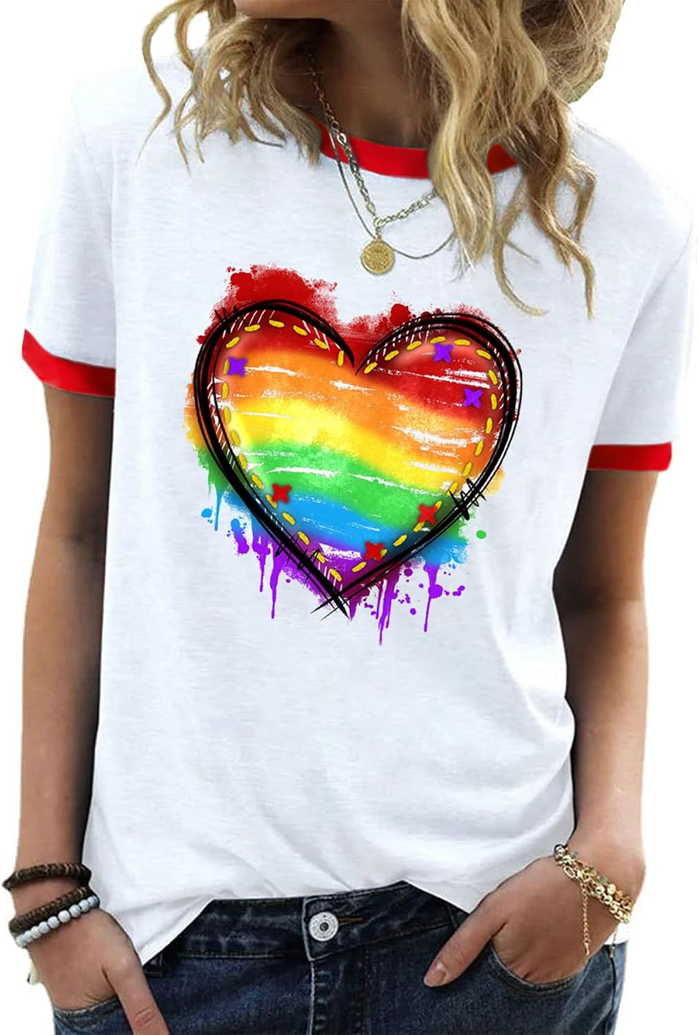 Pride Shirts for Women LGBTQ Rainbow Graphic T-Shirt Ringer Tee - White#02