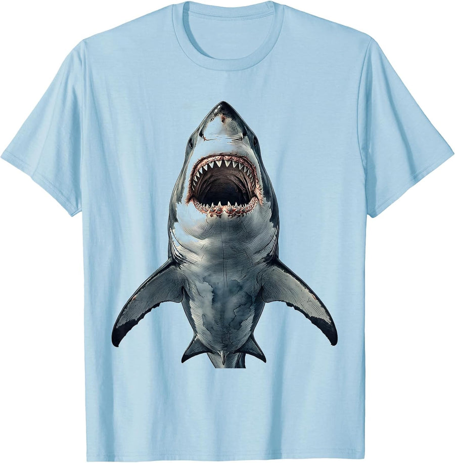 Men's Great White Shark Rising From The Deep T-Shirt - Baby Blue