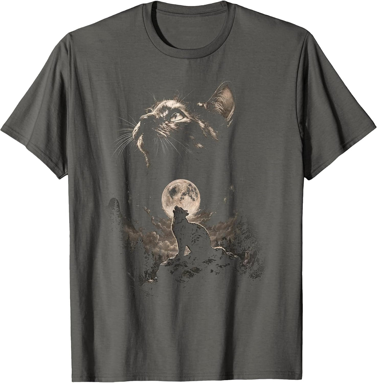 Tortoiseshell Cat Howling at Moon Vintage Cat Halloween T-Shirt - Asphalt Grey