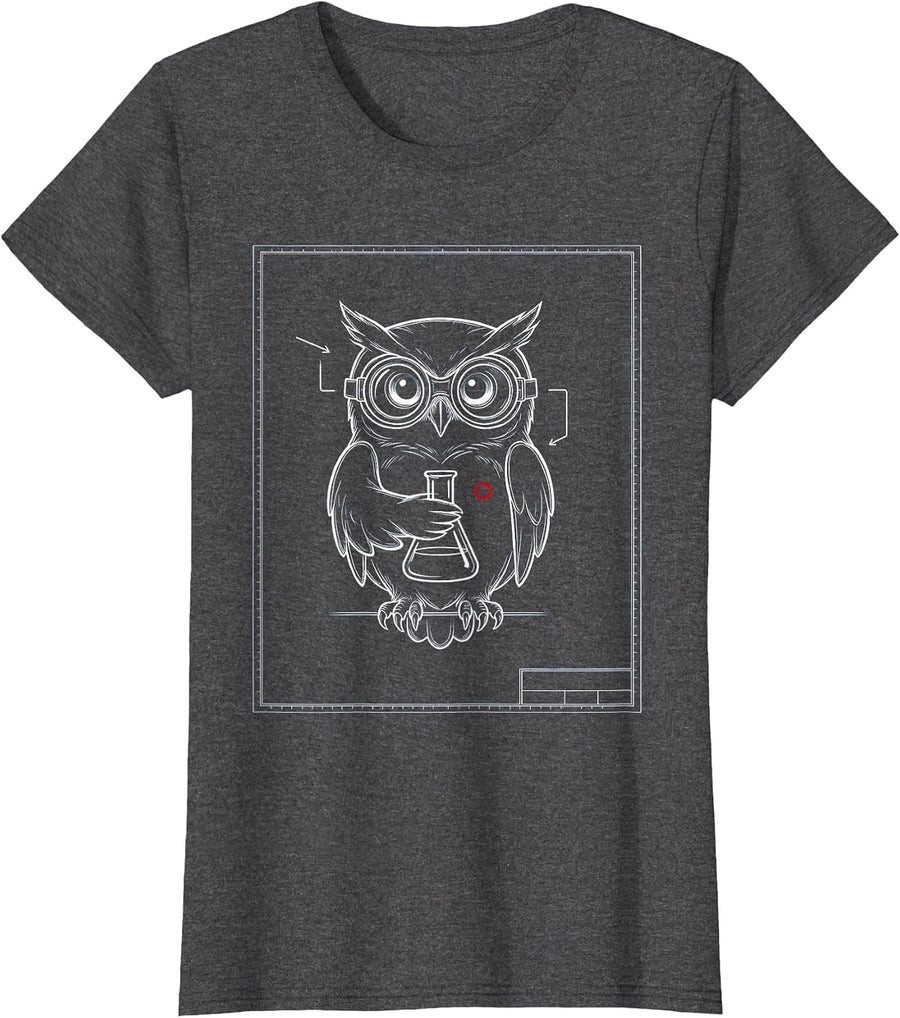 Women's Science Owl Lab Goggles Flask Graphic Tee T-Shirt - Dark Heather Grey
