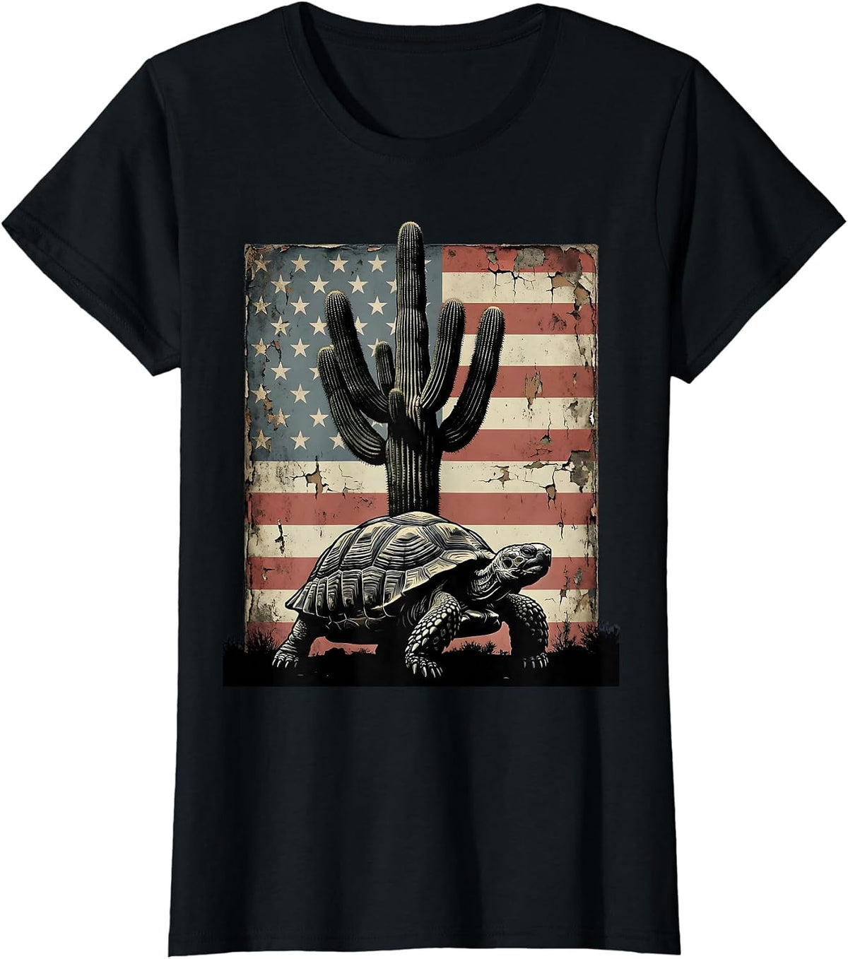 Desert Tortoise Saguaro Cactus Southwest Nature Art T-Shirt - Black