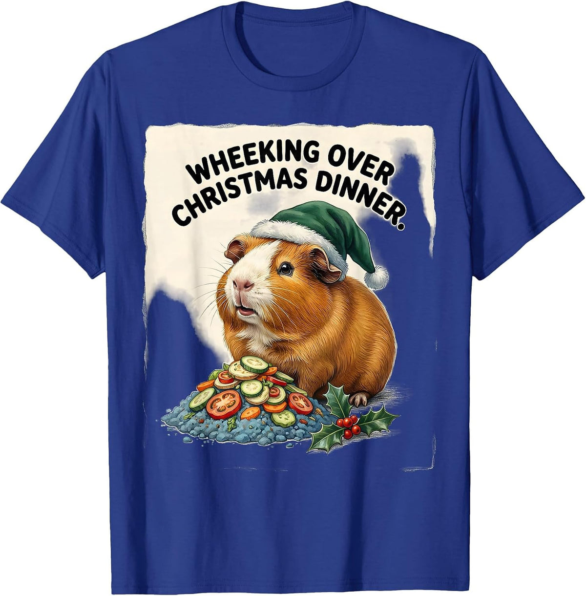 Men's Wheeking Over Christmas Dinner Funny Guinea Pig Santa Hat T-Shirt - Royal Blue
