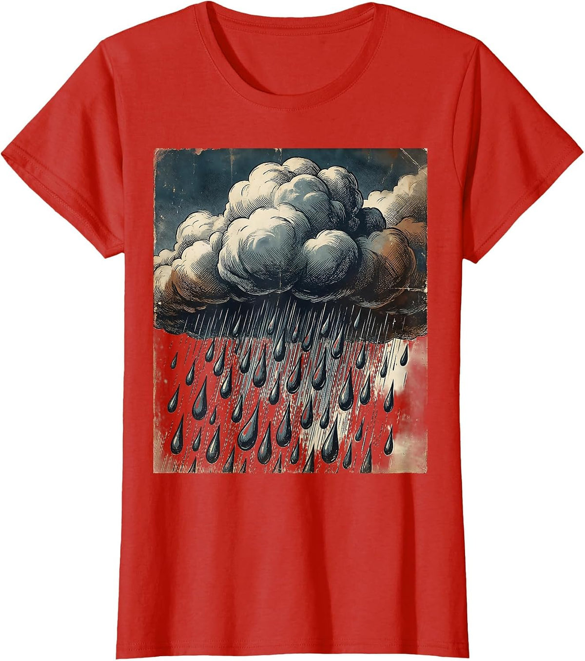 Storm Cloud Heavy Rain Downpour Graphic T-Shirt - Red