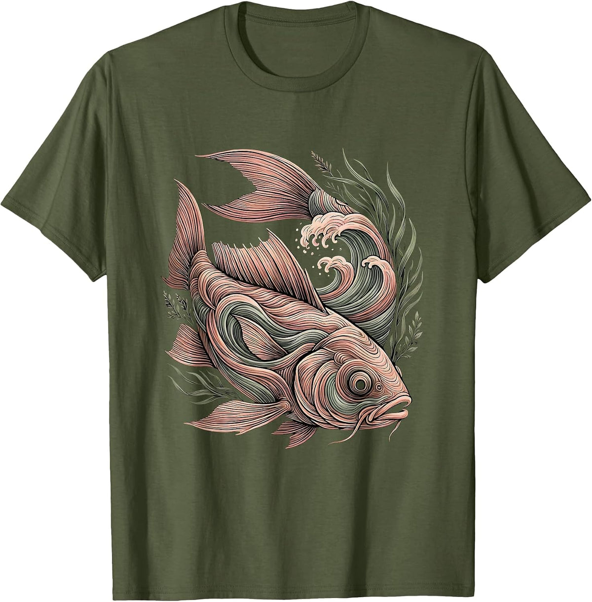 Christian Fish Symbol Ocean Waves Illustration T-Shirt - Olive Green