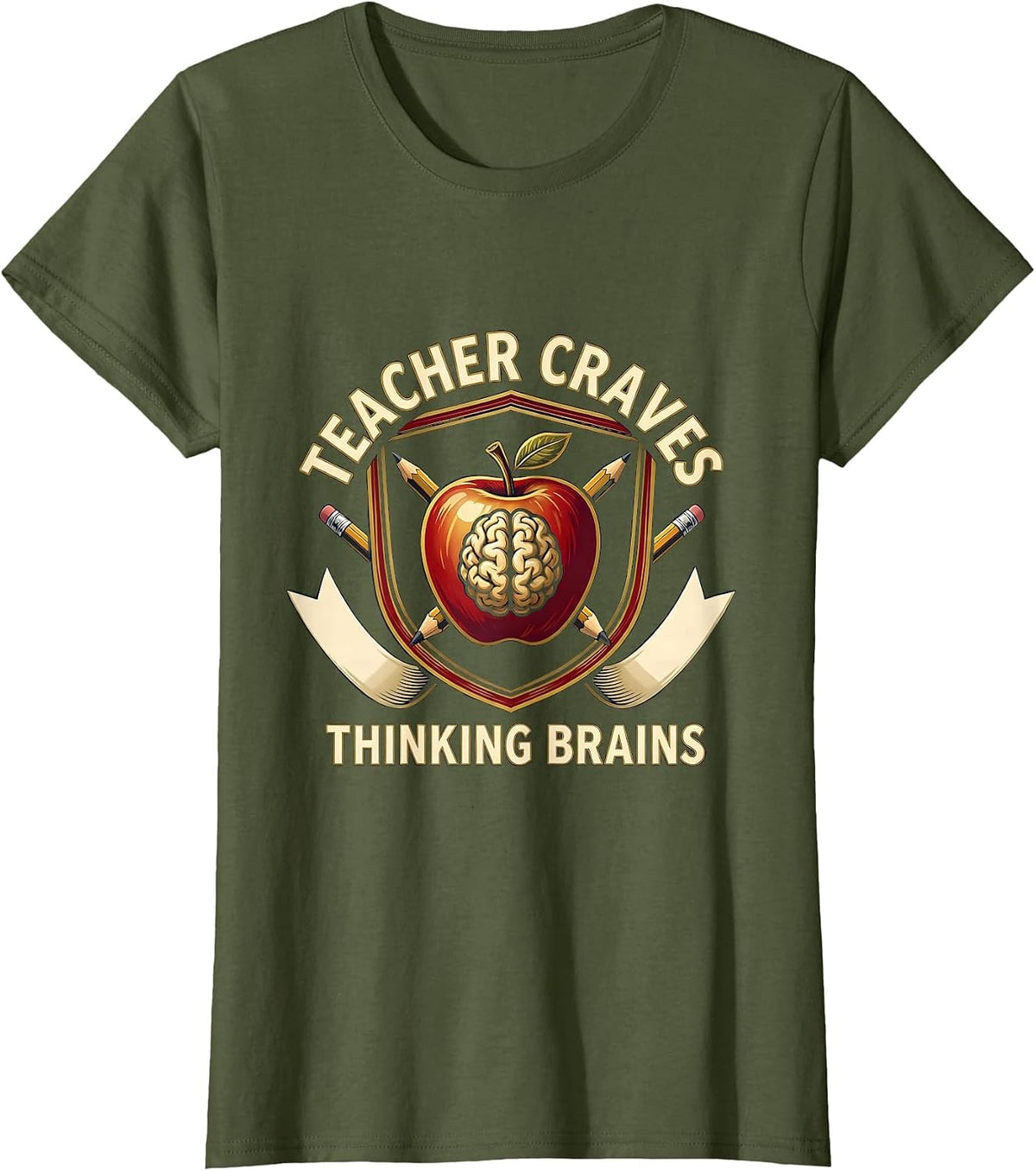 Women's Teacher Craves Thinking Brains Funny Teacher Halloween Humor T-Shirt - Olive Green
