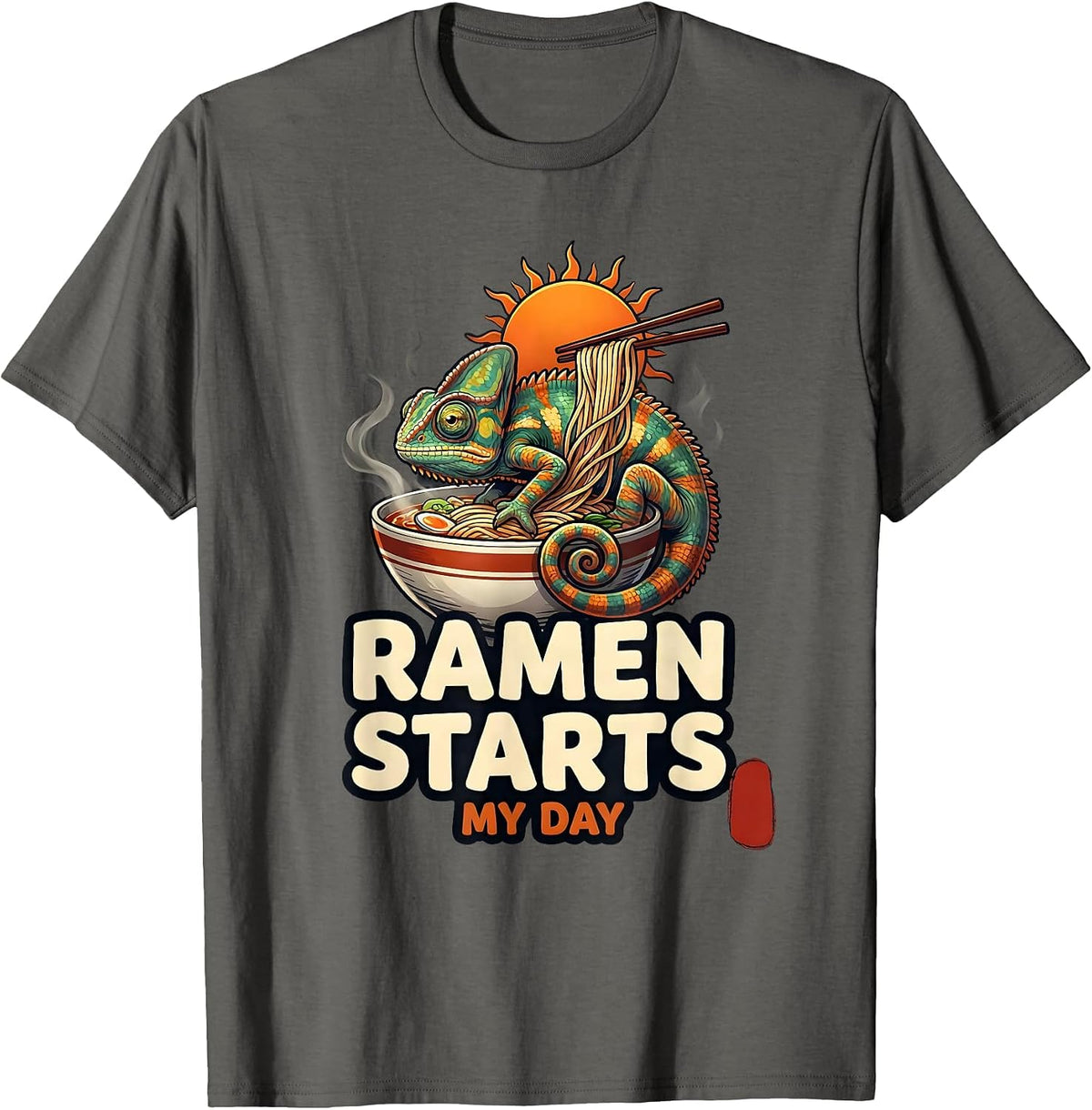 Ramen Starts My Day Funny Japanese Chameleon Anime Novelty T-Shirt - Asphalt Grey