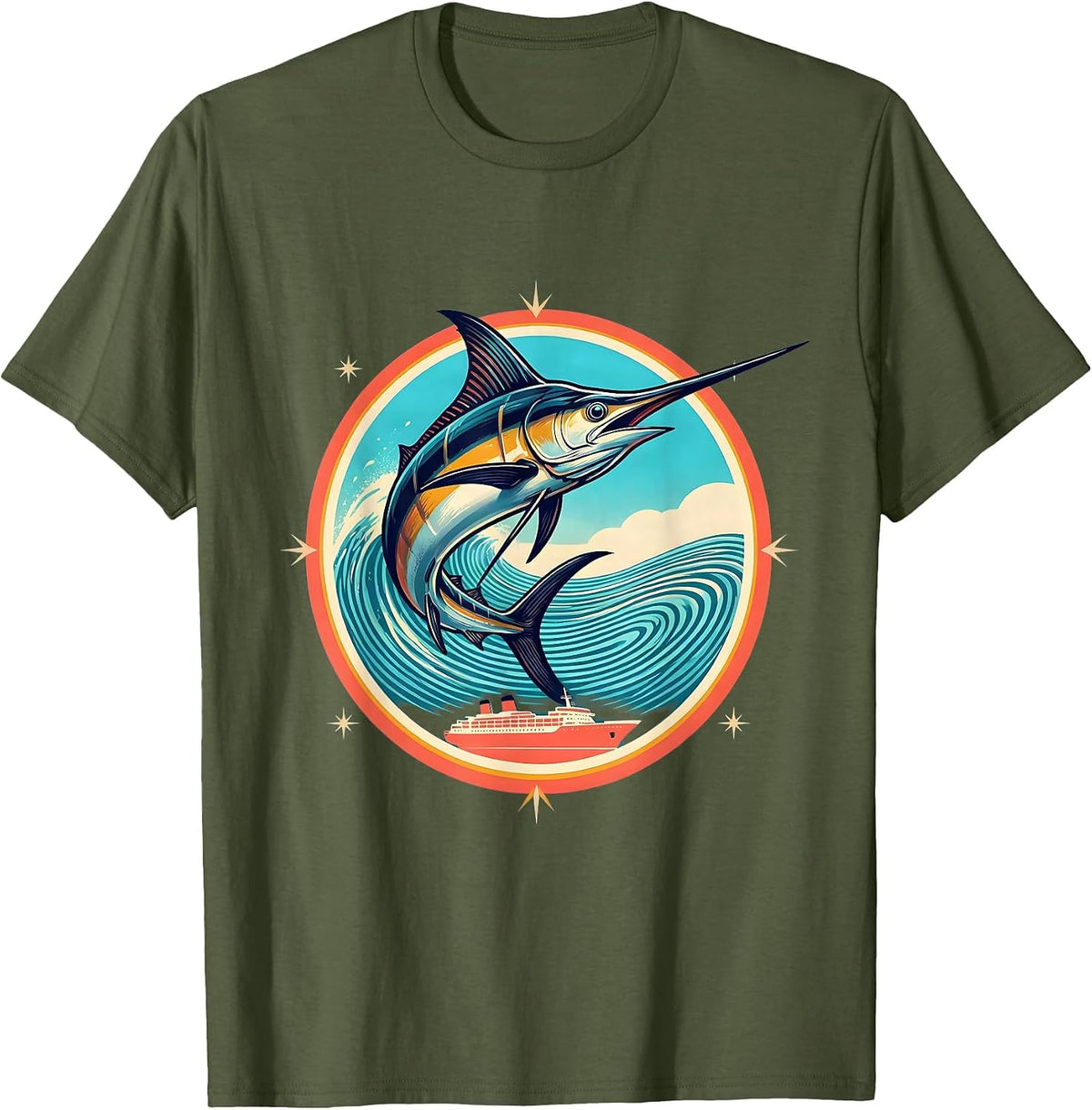 Giant Marlin Leaping Over Ship Wake Cruise T-Shirt - Olive Green