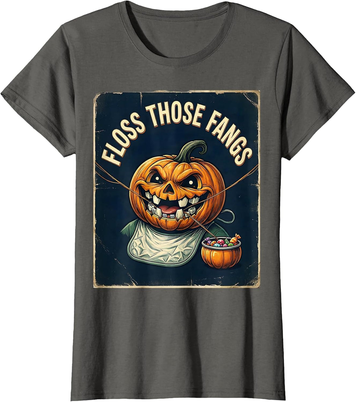 Women's Floss Those Fangs Vintage Halloween Dentist Dental Humor T-Shirt - Asphalt Grey
