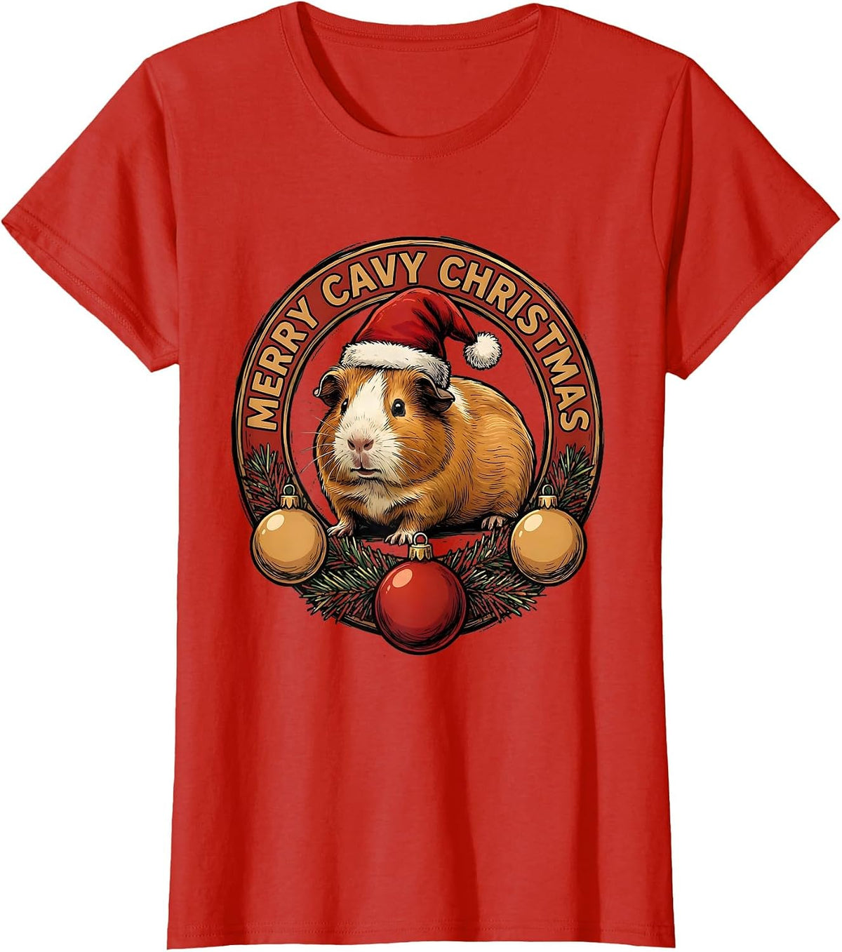 Women's Merry Cavy Christmas Funny Guinea Pig Santa Hat Holiday T-Shirt - Red