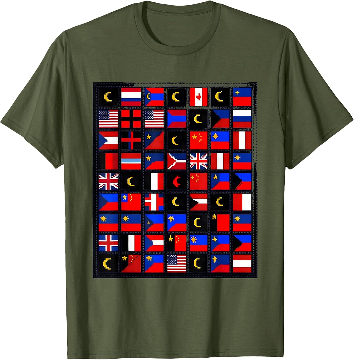 Men's World Flags Pixel Art Global Unity Mosaic Travel Gift T-Shirt - Olive Green