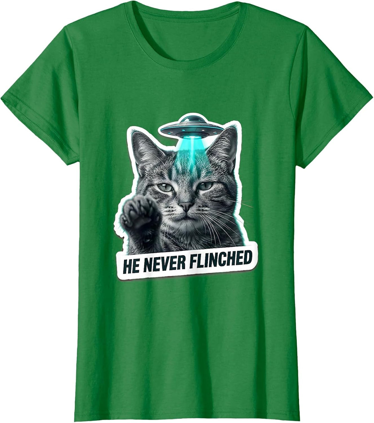 He Never Flinched Funny Cat UFO Alien Abduction Cat Lover T-Shirt - Kelly Green