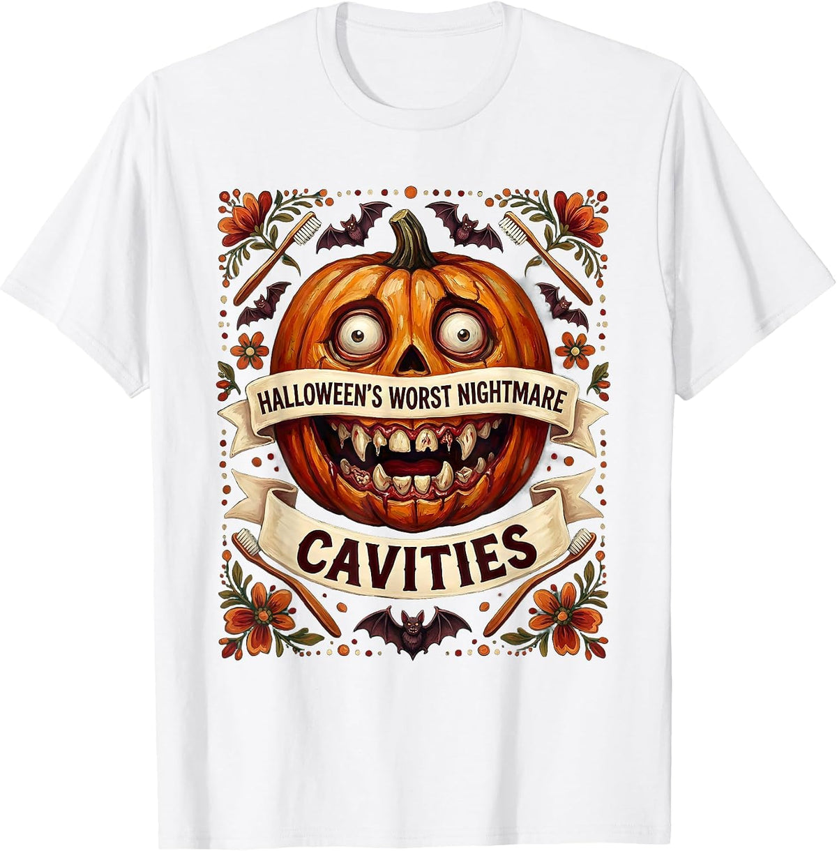 Men's Halloween's Worst Nightmare Cavities Dental Design T-Shirt - White