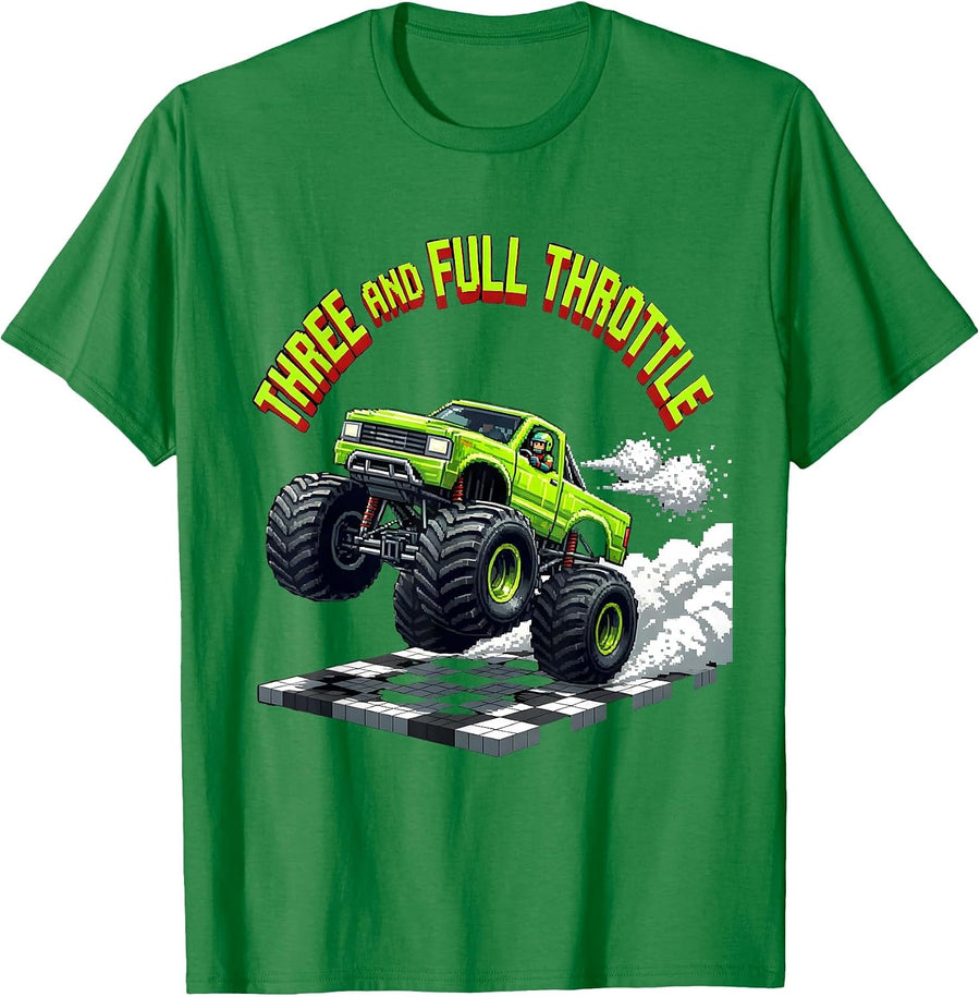 Men's Three And Full Throttle Pixel Art Monster Truck 3rd Birthday T-Shirt - Kelly Green