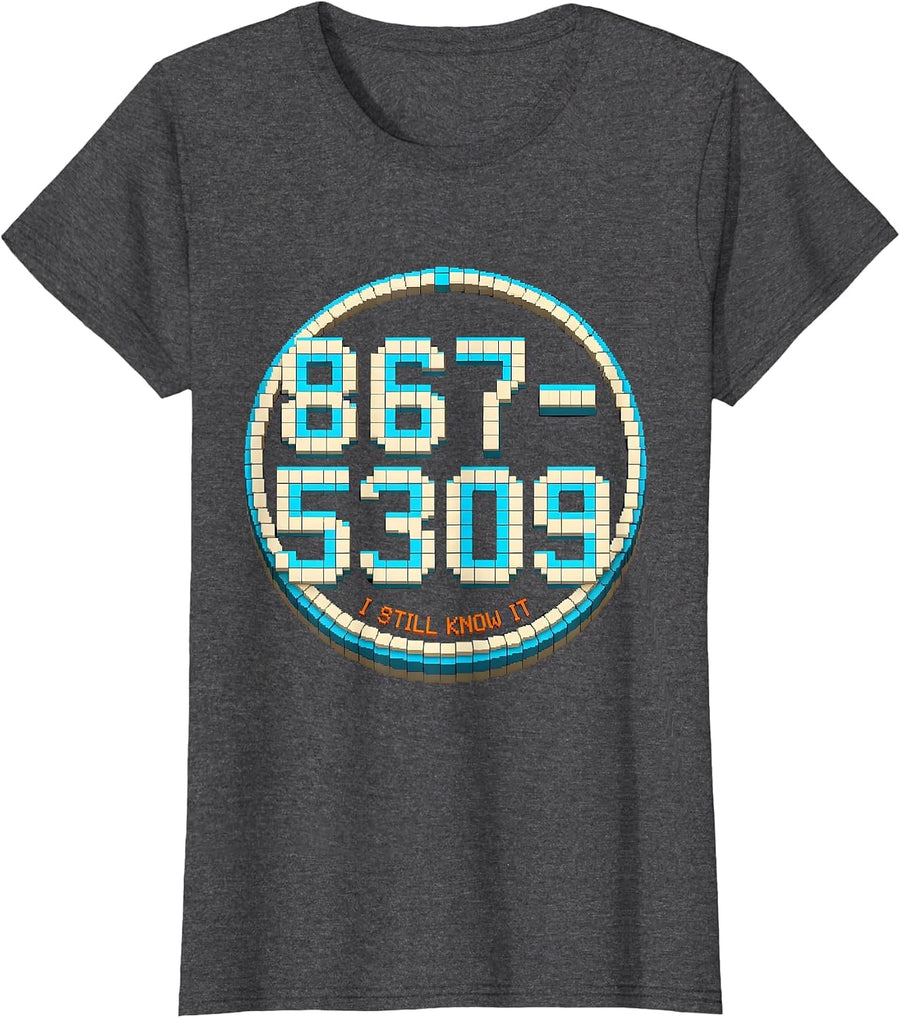 Women's 867-5309 I Still Know It Pixel Art 80s Nostalgia Gen X T-Shirt - Dark Heather Grey