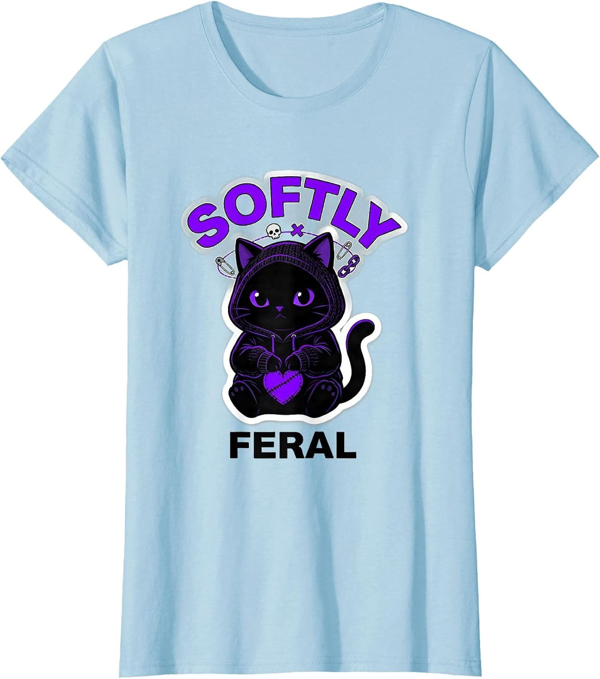 Softly Feral Chibi Cat Emo Goth Alt Aesthetic Punk T-Shirt - Baby Blue