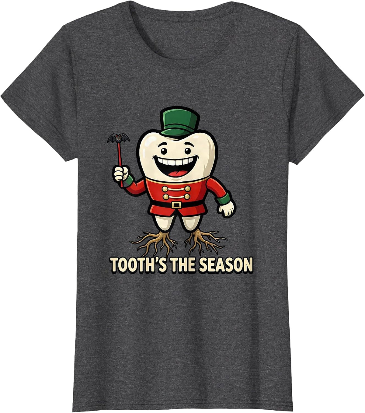 Women's Tooth's the Season Funny Cartoon Dentist Christmas Dental T-Shirt - Dark Heather Grey