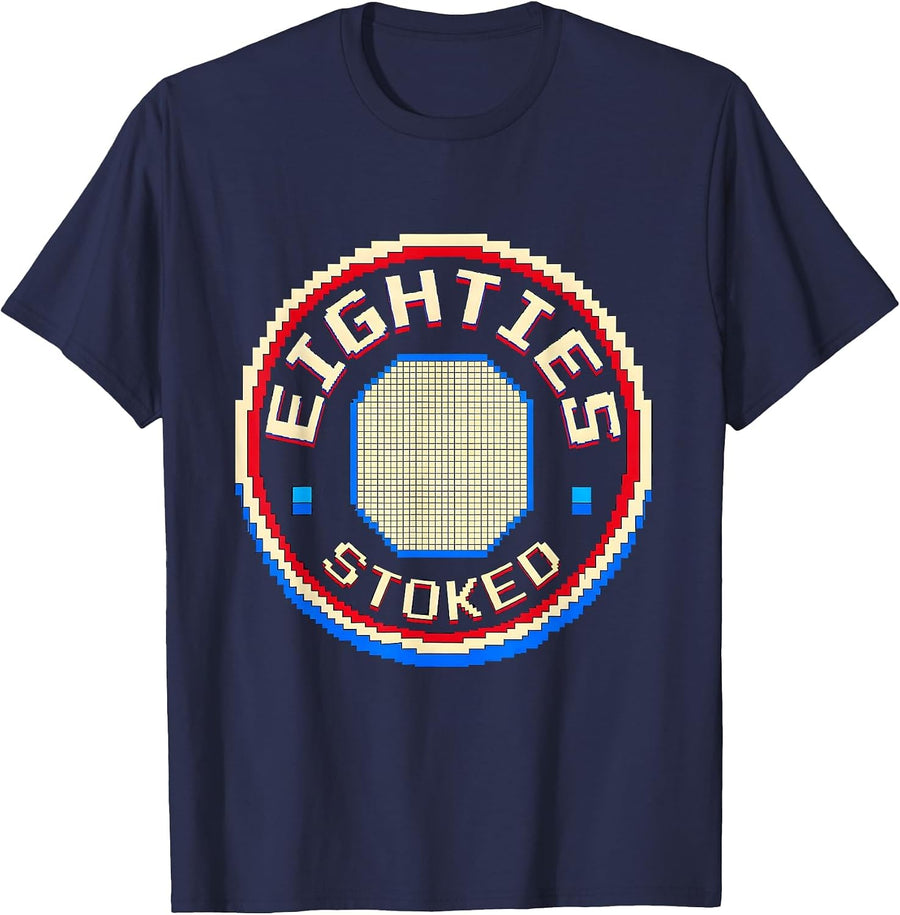 Eighties, Stoked Pixel Art Retro Costume Party Nostalgia T-Shirt - Navy Blue