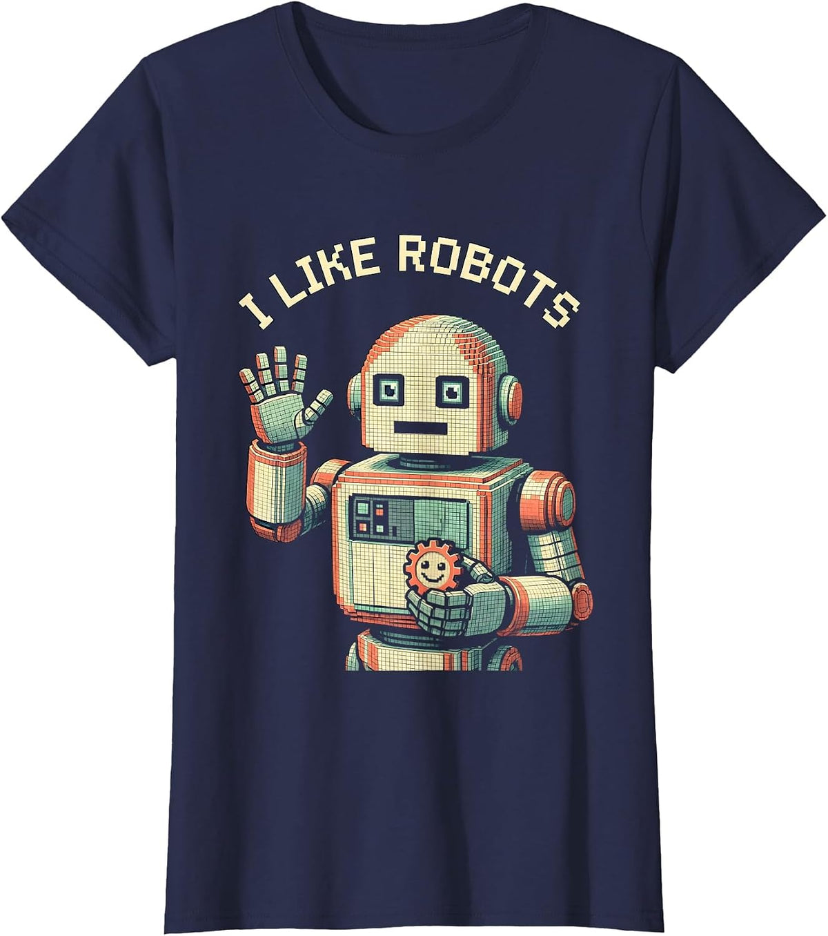 Women's I Like Robots Cute Pixel Art Robot Lover Kids Birthday Gift T-Shirt - Navy Blue