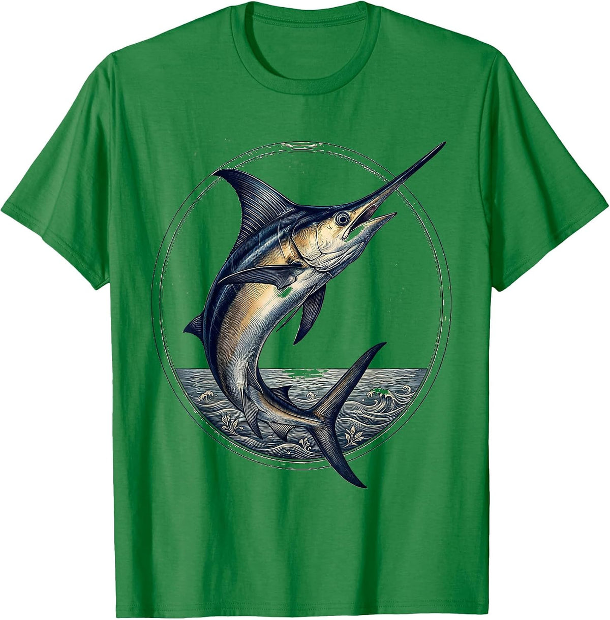 Men's Swordfish Breaking Ocean Surface Fishing Graphic T-Shirt - Kelly Green