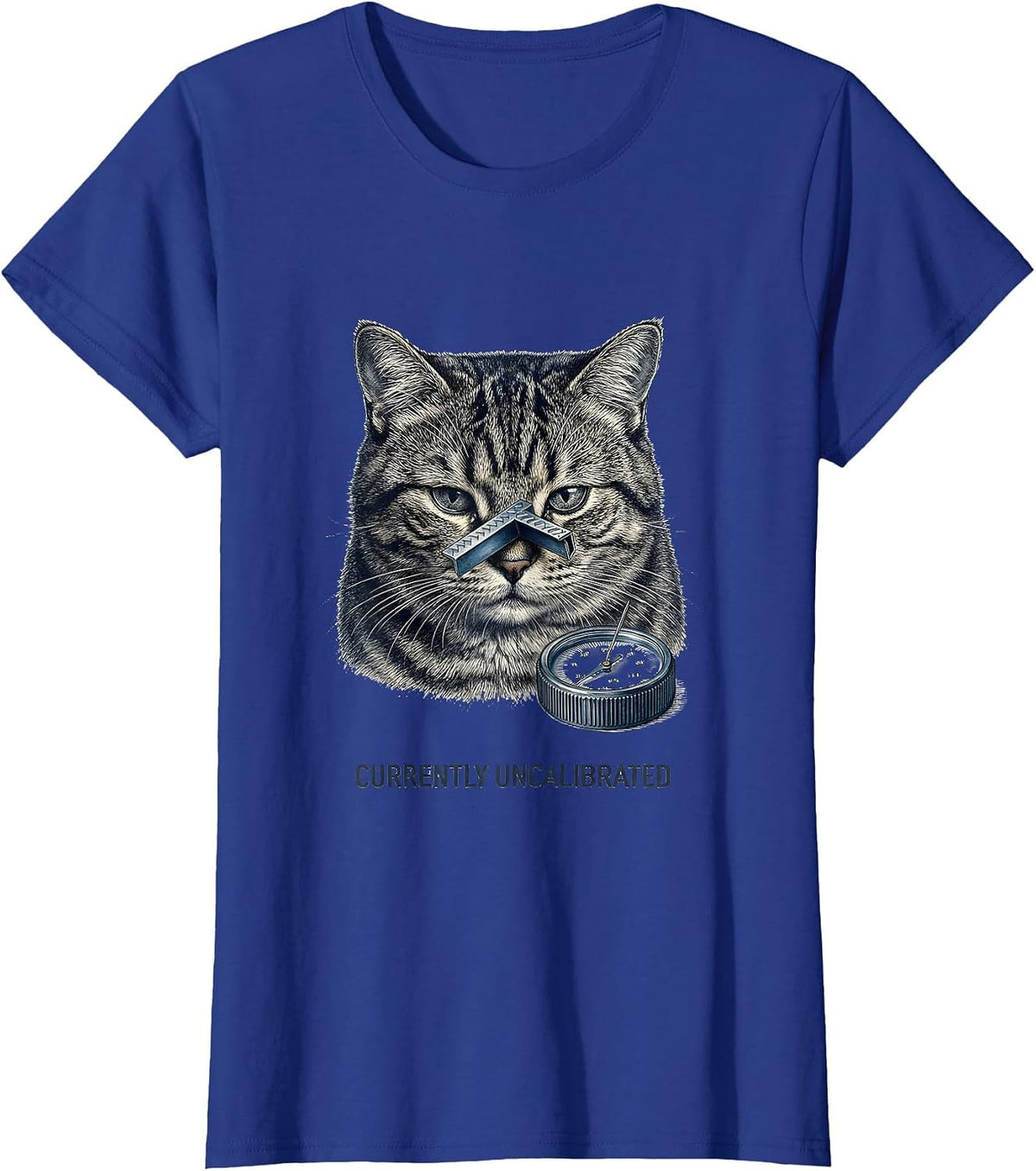 Women's Currently Uncalibrated Botanical Absurdist Cat Meme Parody T-Shirt - Royal Blue