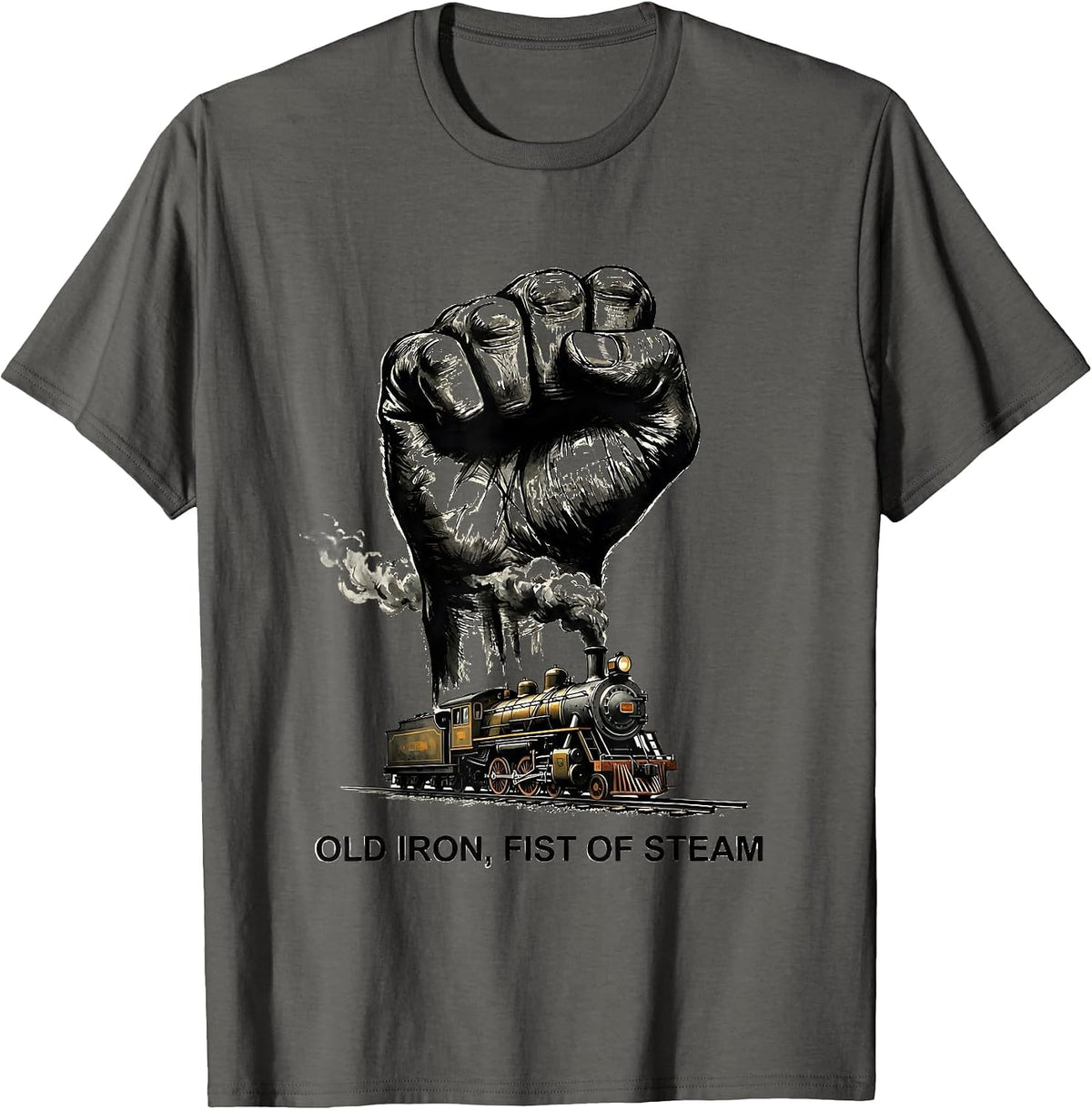 Men's Old Iron Fist Of Steam Vintage Steam Locomotive Train T-Shirt - Asphalt Grey