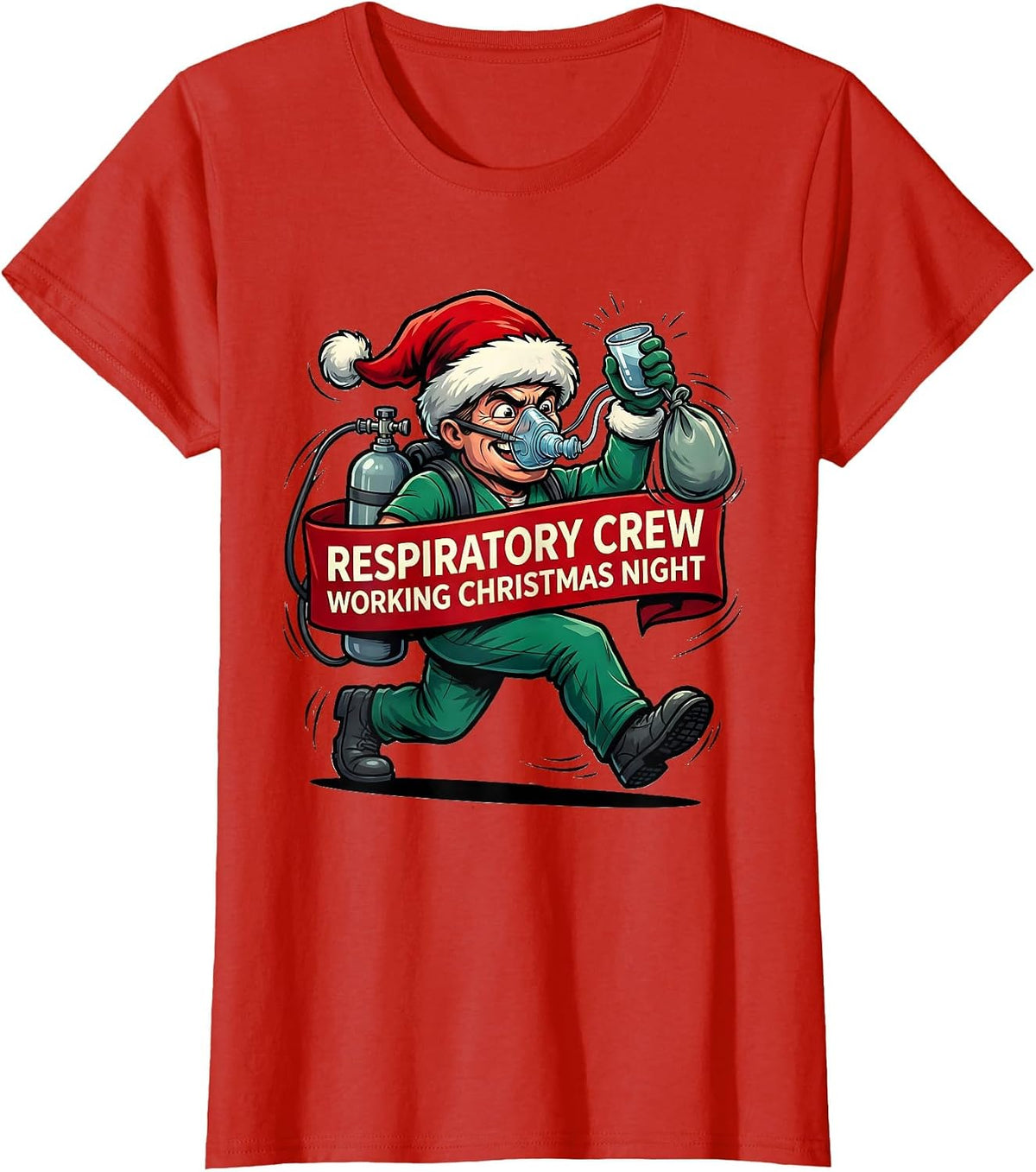 Respiratory Crew Working Christmas Night Funny T-Shirt - Red