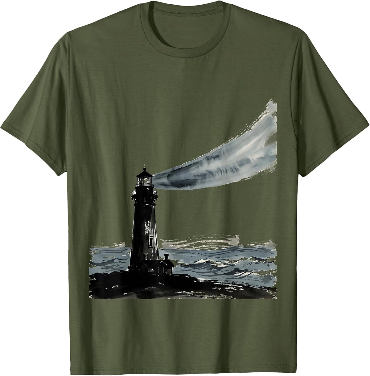 Men's Lighthouse Beam Stormy Sea Graphic T-Shirt - Olive Green