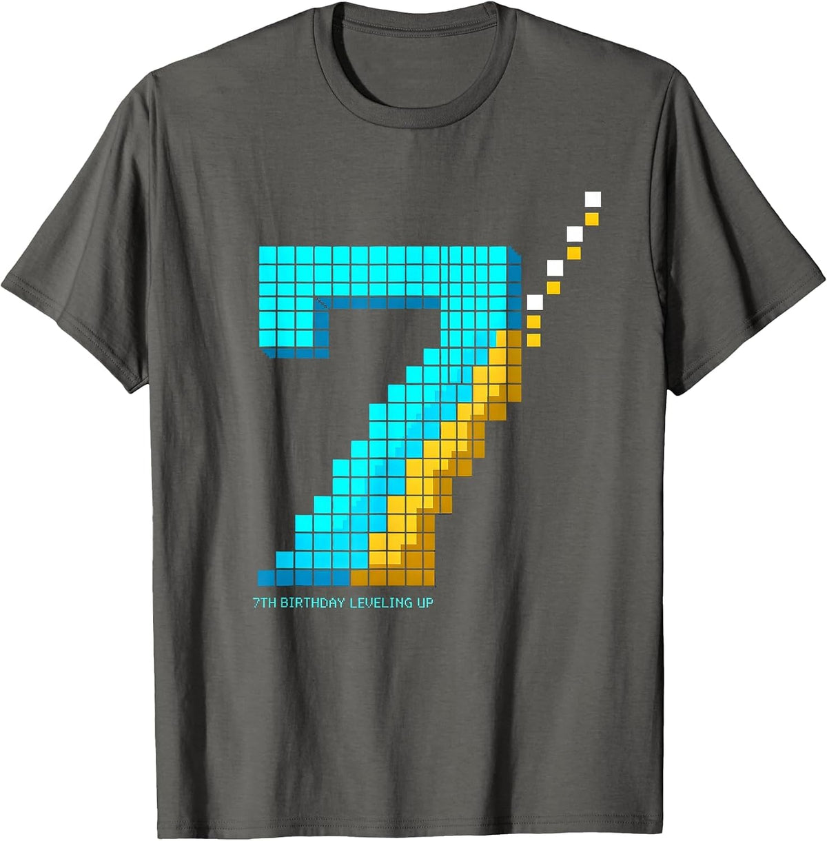 7th Birthday Leveling Up Pixel Art Gamer Birthday Gift T-Shirt - Asphalt Grey