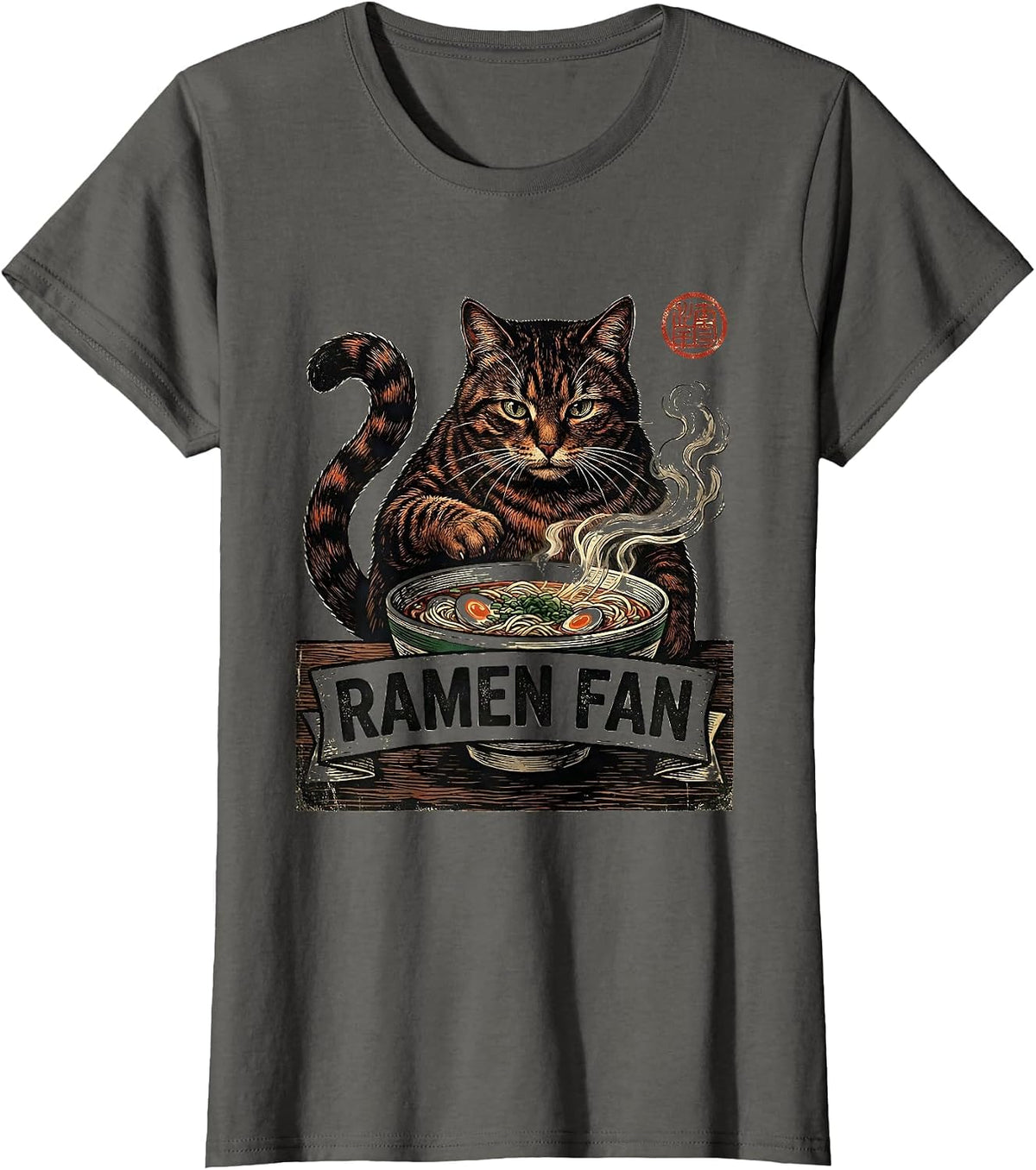 Women's Ramen Fan Vintage Kawaii Cat Anime Japanese Food Lover T-Shirt - Asphalt Grey