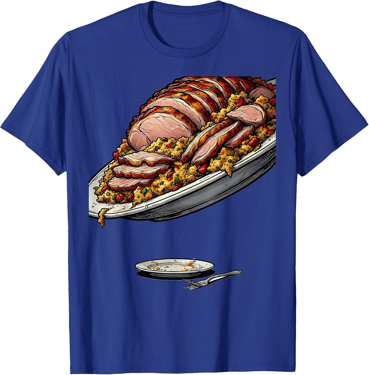 Giant Turkey Plate Funny Thanksgiving Matching Crew T-Shirt - Royal Blue