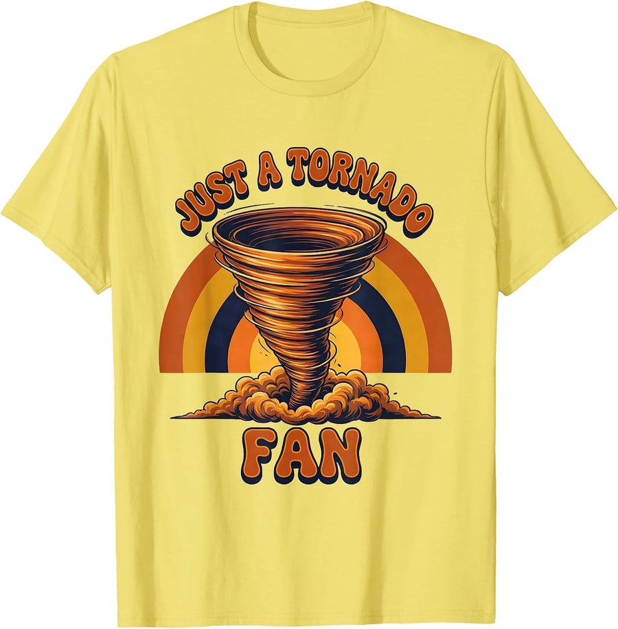 Men's Just A Tornado Fan Retro 70s Storm Chaser Meteorology Humor T-Shirt - Lemon Yellow