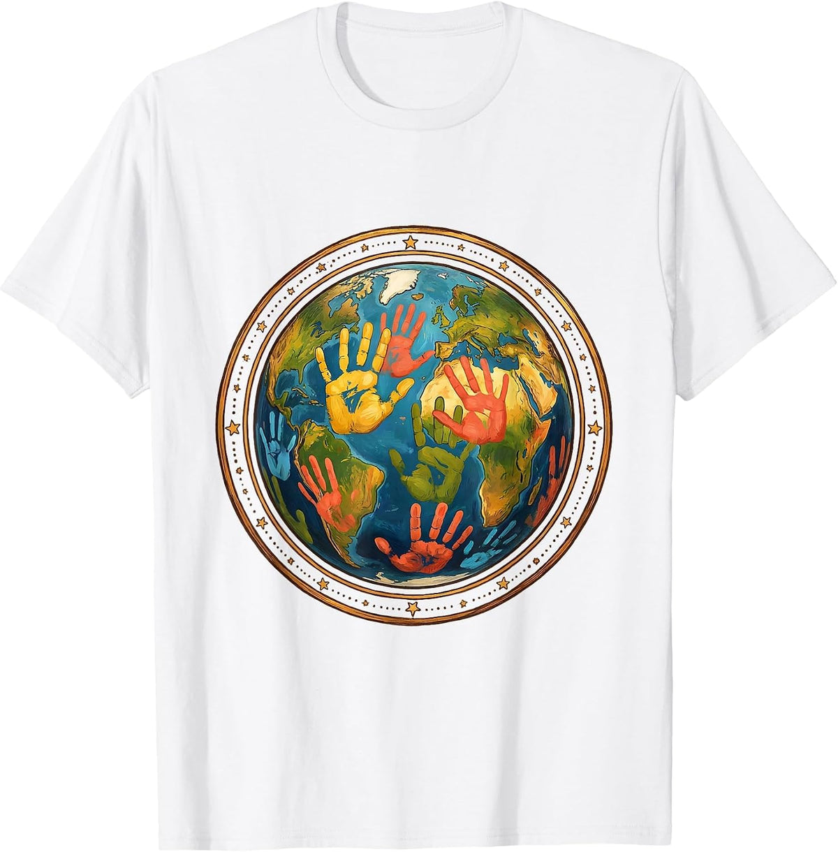 Men's Kindergarten Teacher Colorful Handprints Globe T-Shirt - White
