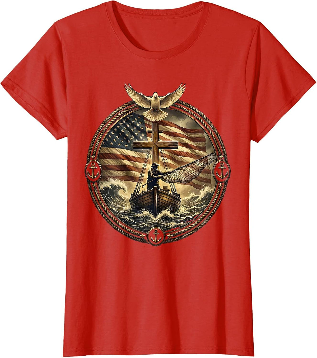 Deep Sea Fisherman Storm Casting Graphic T-Shirt - Red